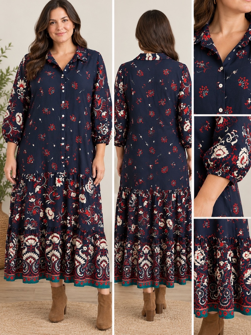 XL Navy Boho Floral Paisley Maxi Dress Button Front 3/4 Sleeve Folk Art